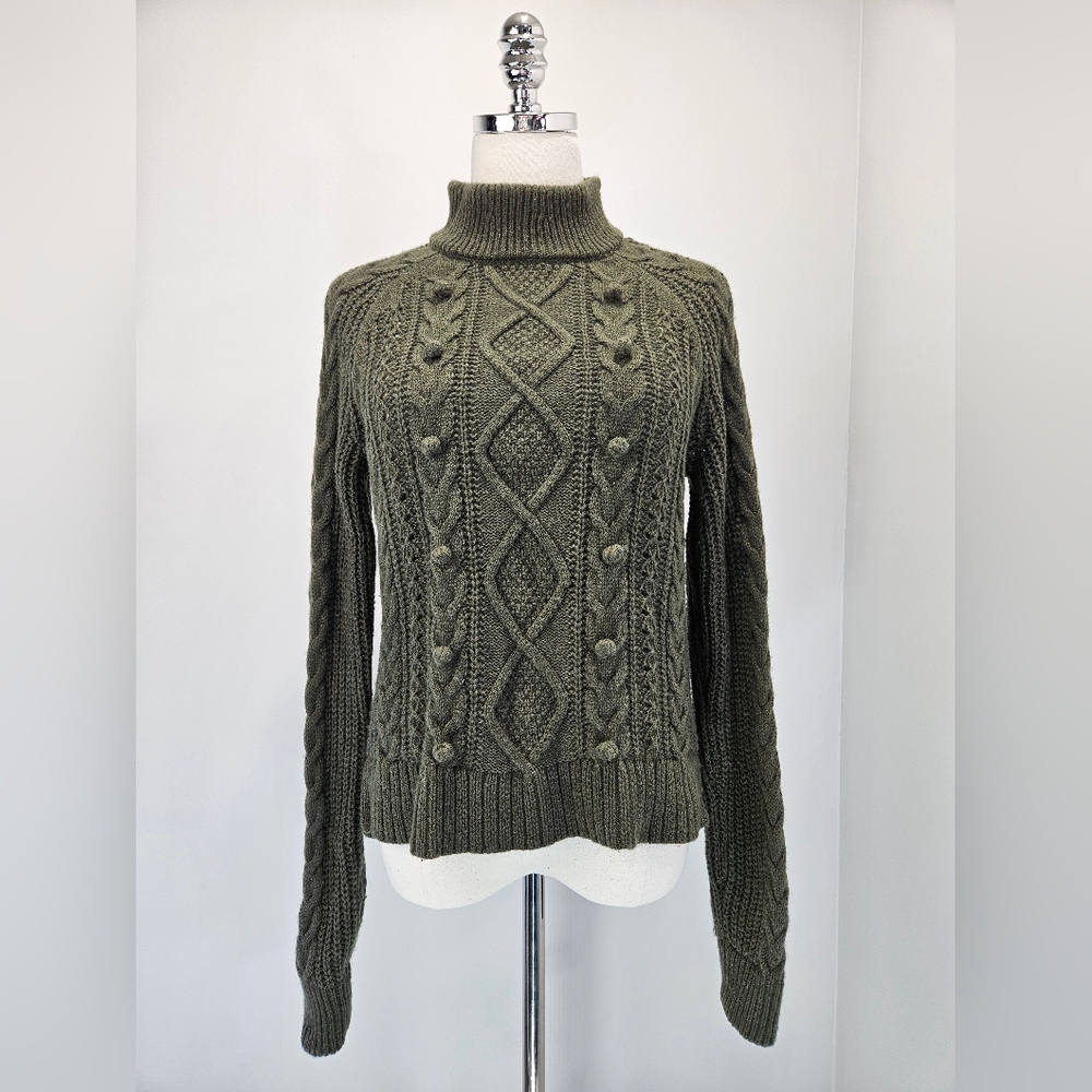 J Crew‎ Azra Pom Pom Cable Knit Sweater Small Olive Green Mock Neck Preppy